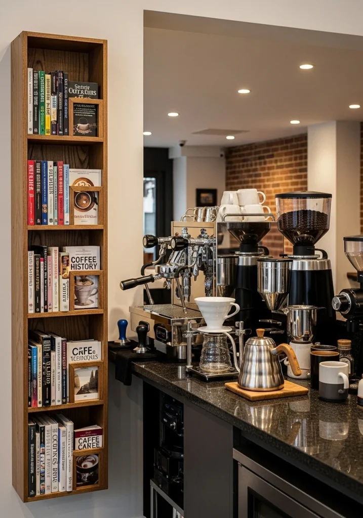 Coffee bar with vertical cookbook display featuring coffee-themed books