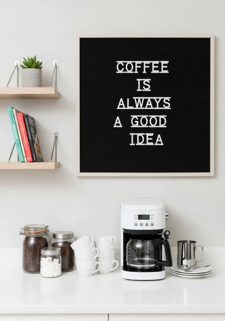 Coffee bar with framed message board displaying coffee quote above organized supplies

