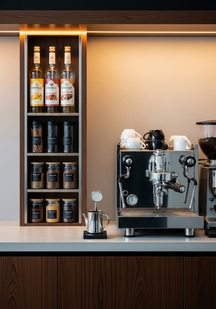 Coffee bar with integrated spice rack holding flavored syrups and coffee seasonings