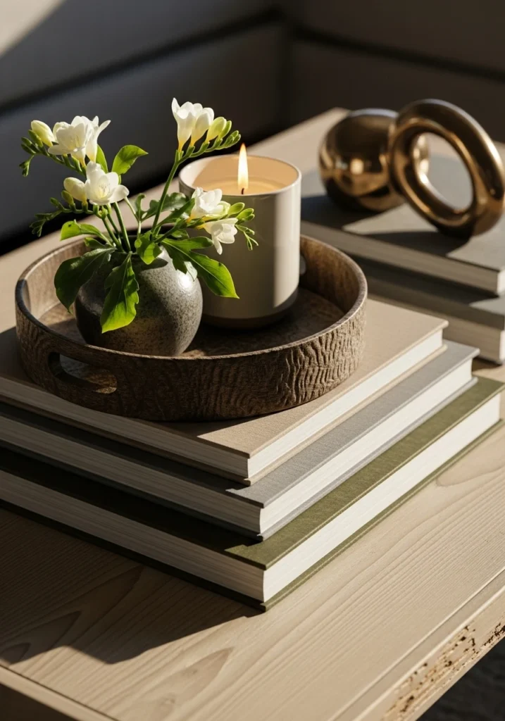Styled coffee table vignette with books and decor in living room