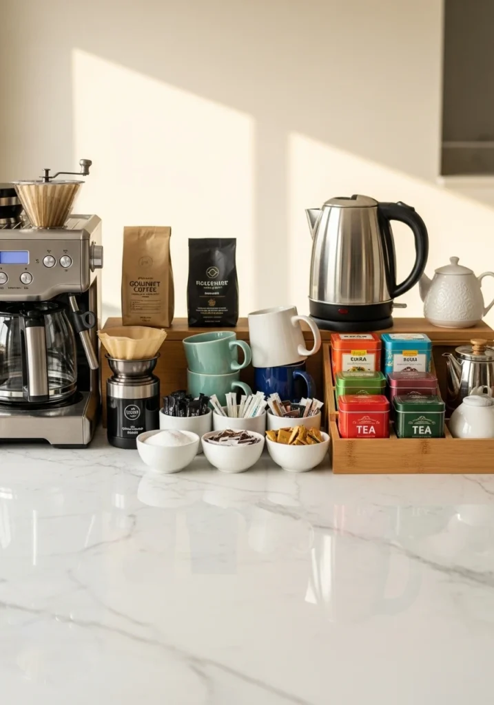 Combined coffee and tea station with symmetrical organization on marble counter

