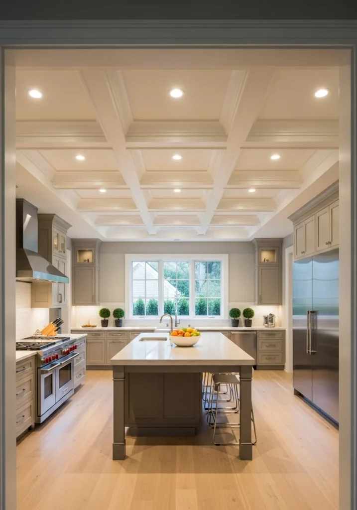 Kitchen with white coffered ceiling and recessed lighting between beams