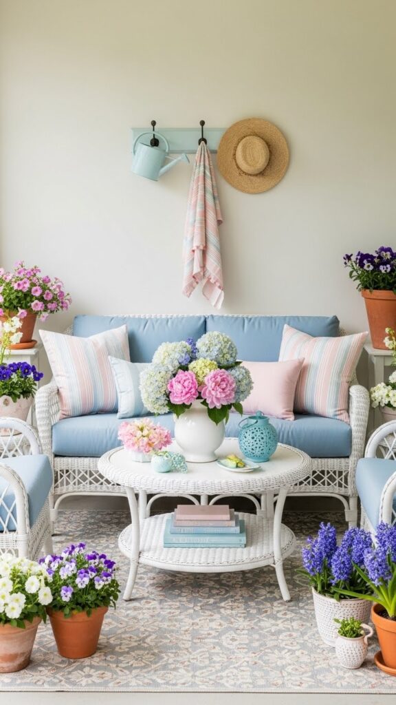 Cohesive color palette used in spring porch decor