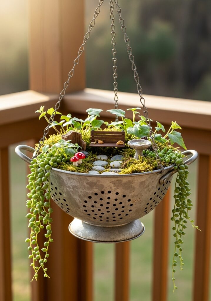 Hanging colander fairy garden with plants trailing through drainage holes
