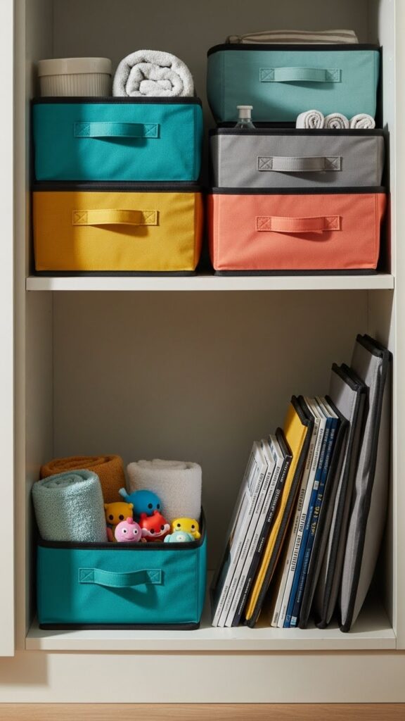 Collapsible fabric storage bins in apartment closet showing space-saving flexibility for renters who move frequently