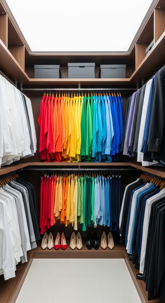 Color-coded closet organization creating rainbow effect from white to black
