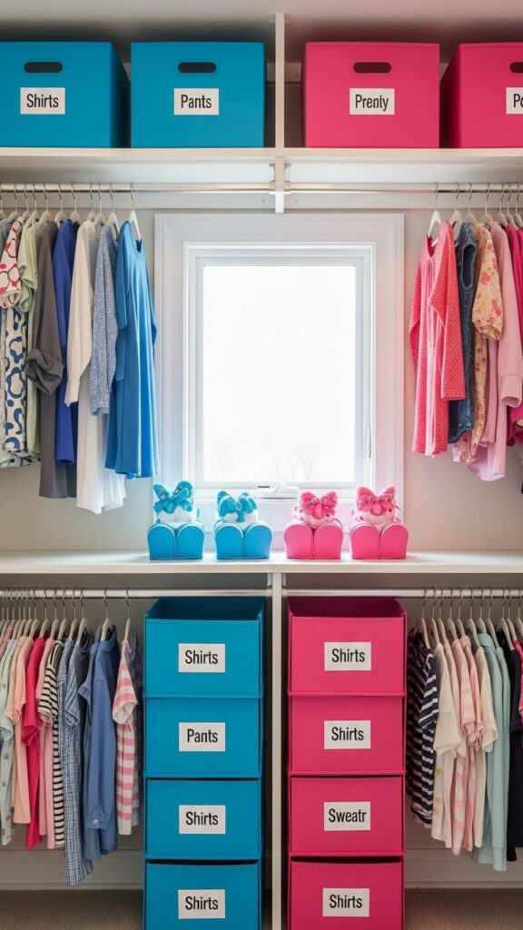 Color-coded shared kids closet with blue and pink organization systems identifying each child's belongings