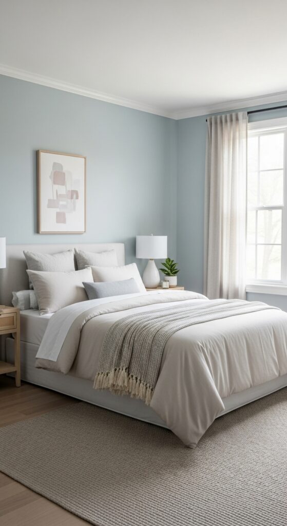 Bedroom with soft blue-gray walls using color psychology for better sleep
