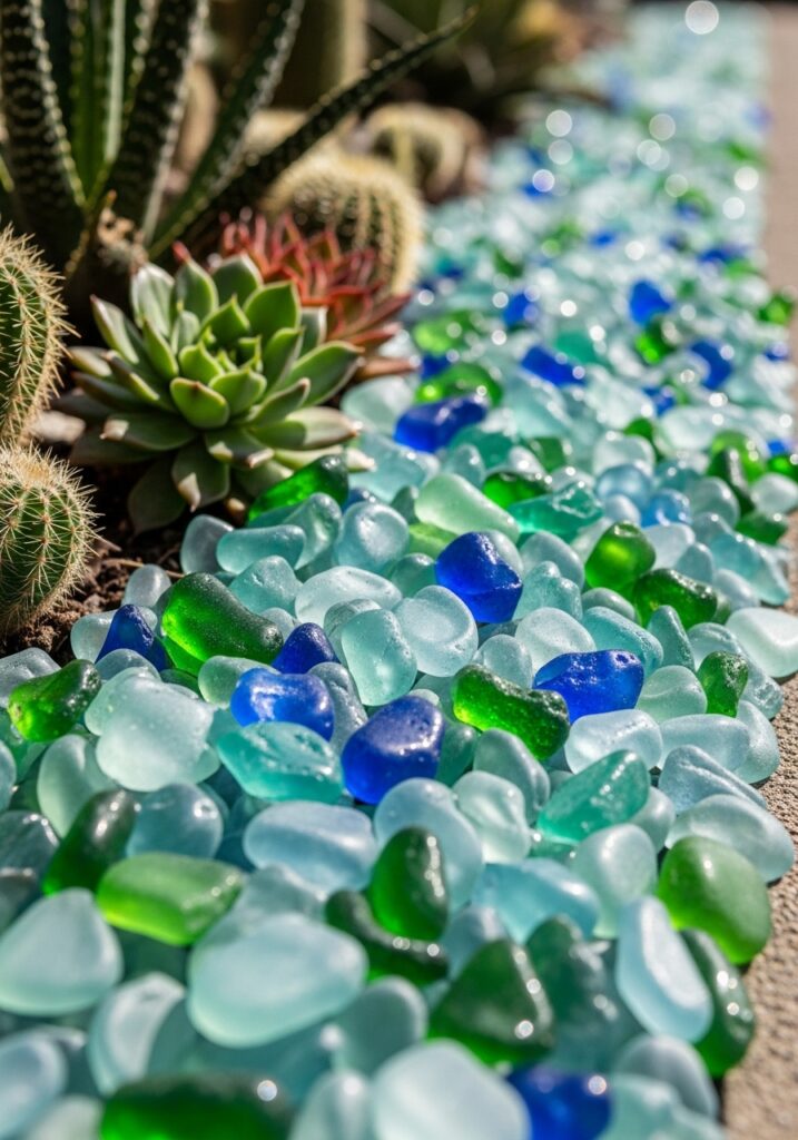 Colored recycled glass mulch creating sparkling coastal garden border