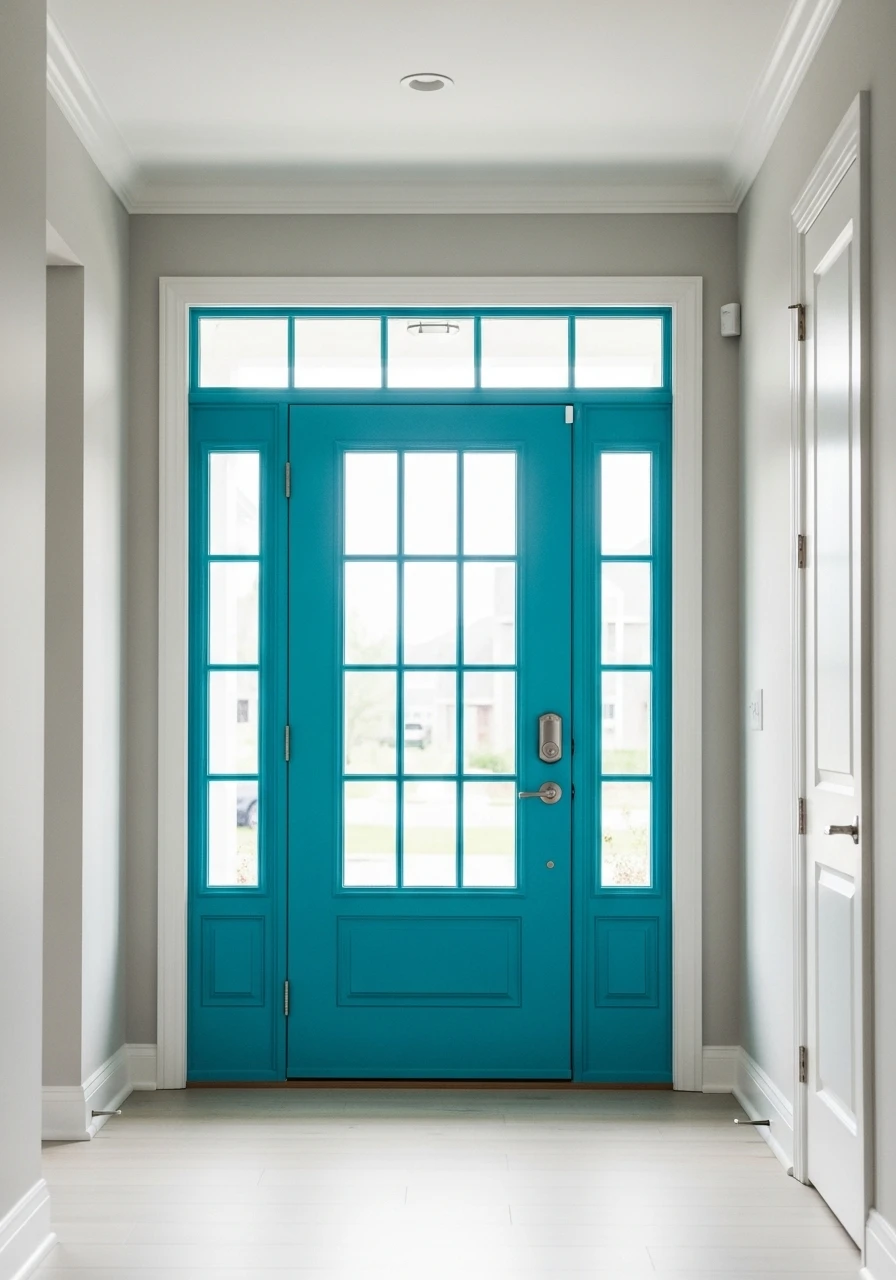 Bold colored front door in neutral entryway
