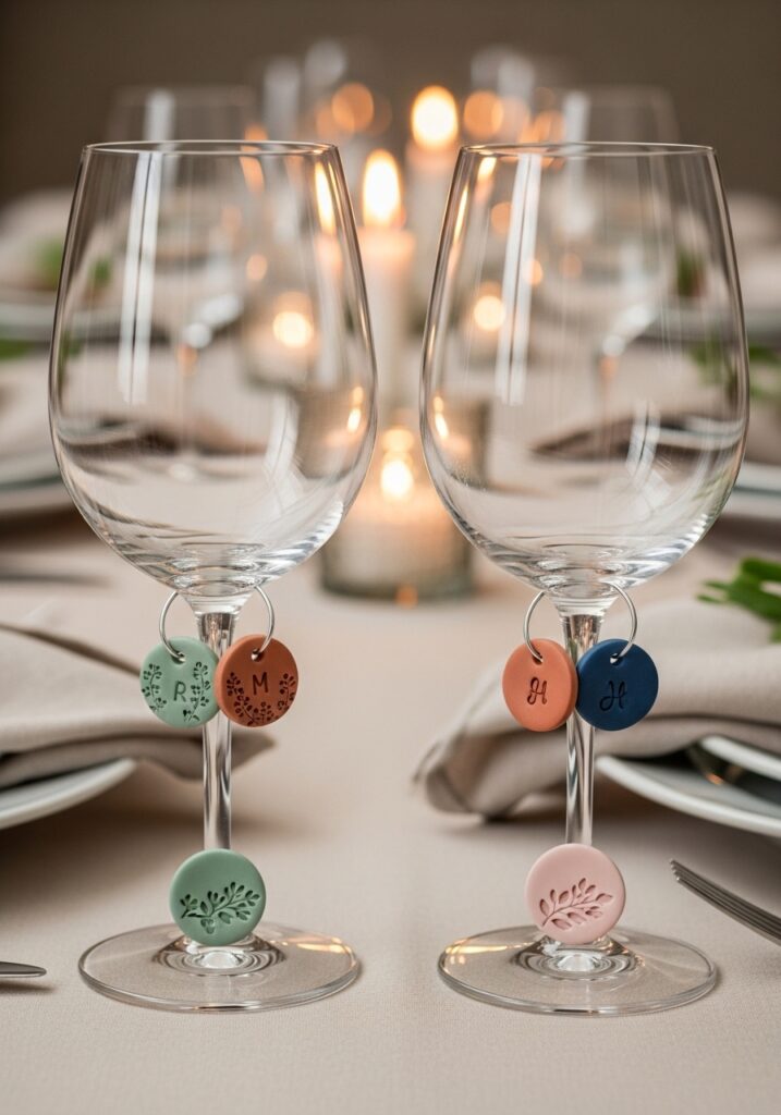 Handmade air dry clay wine charms in various colors attached to wine glasses