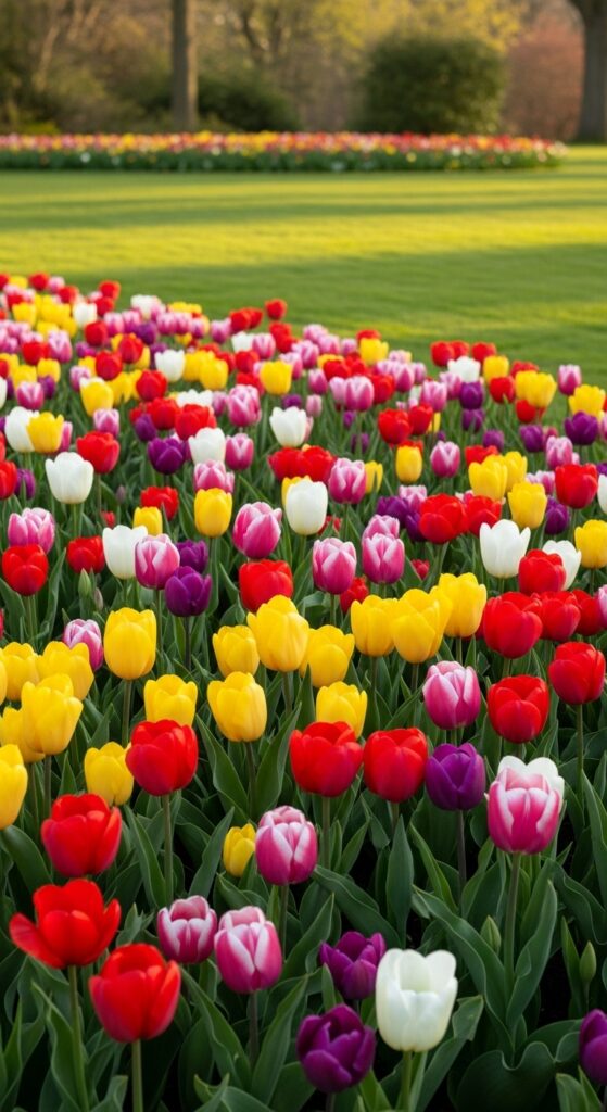 Mass planting of mixed tulips in rainbow colors creating vibrant spring garden display