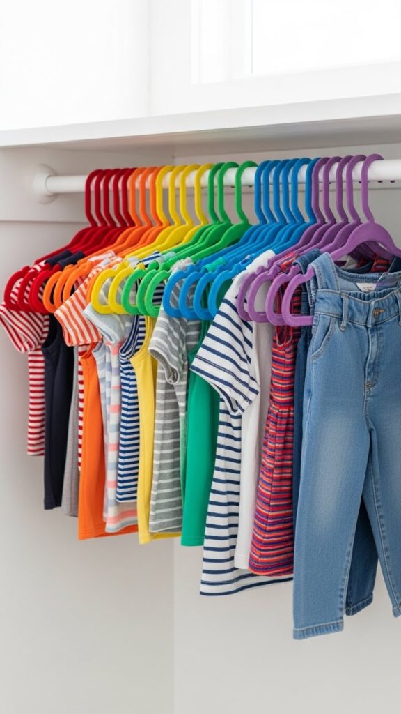 Colorful velvet hangers keeping toddler clothes secure and preventing slipping

