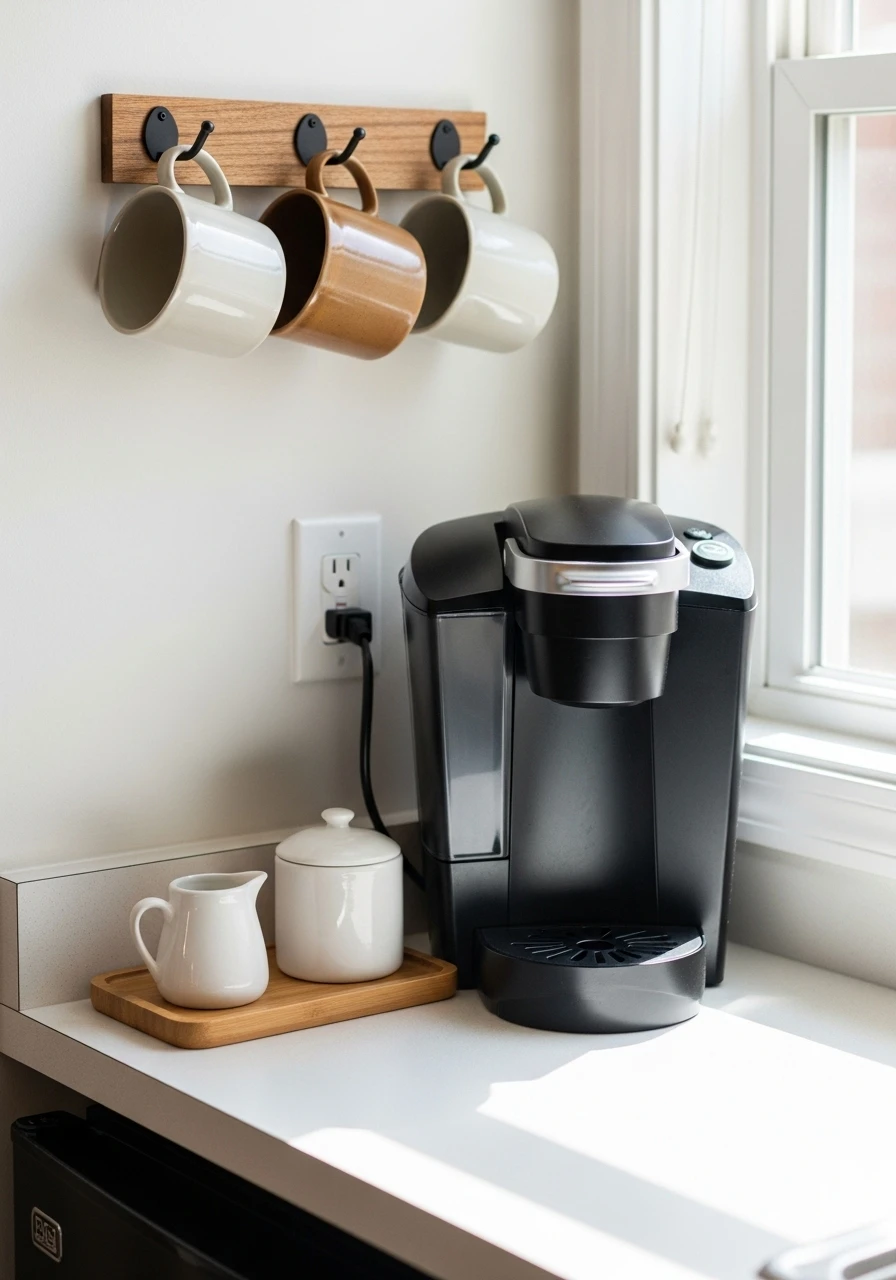 Minimalist apartment coffee bar on narrow counter with wall-mounted mug rack and single-serve maker

