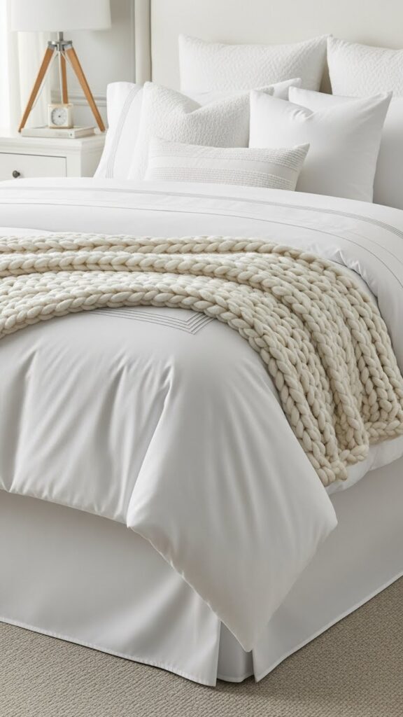 Fully layered white bed showing sheets, duvet, knit throw, and multiple pillows creating cozy texture