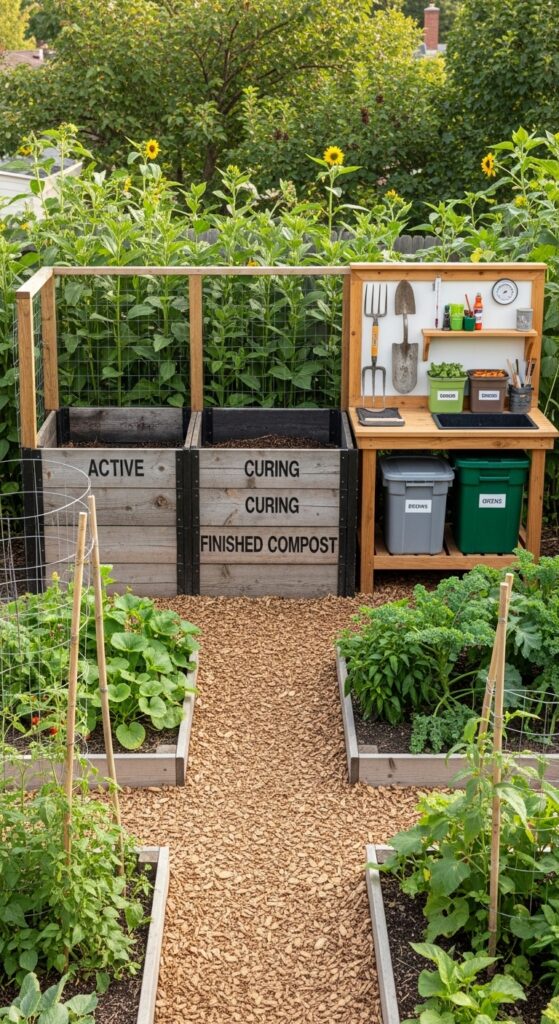 Attractive wooden composting bins partially hidden by plantings in organized garden area