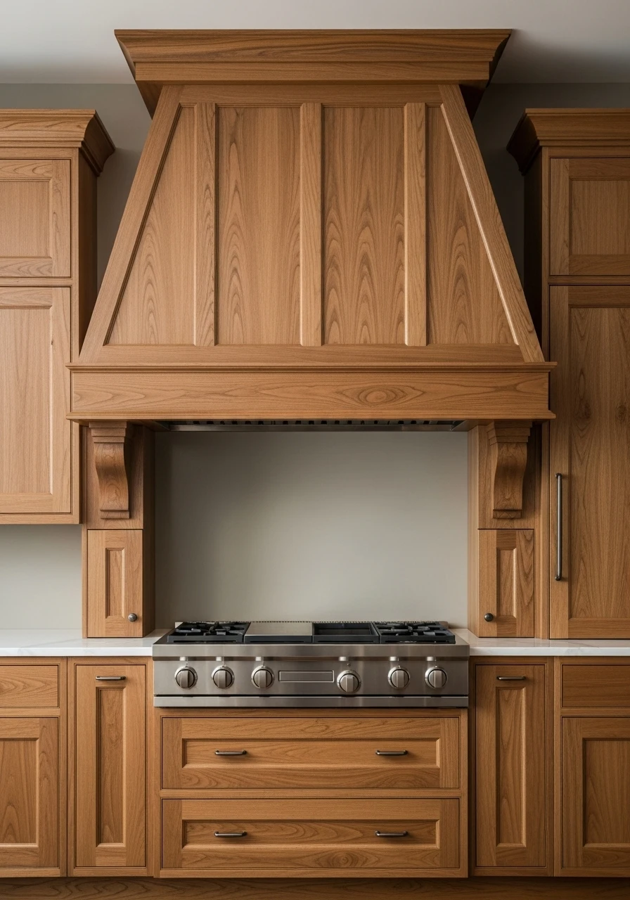 Custom wood range hood cover seamlessly integrated with kitchen cabinetry