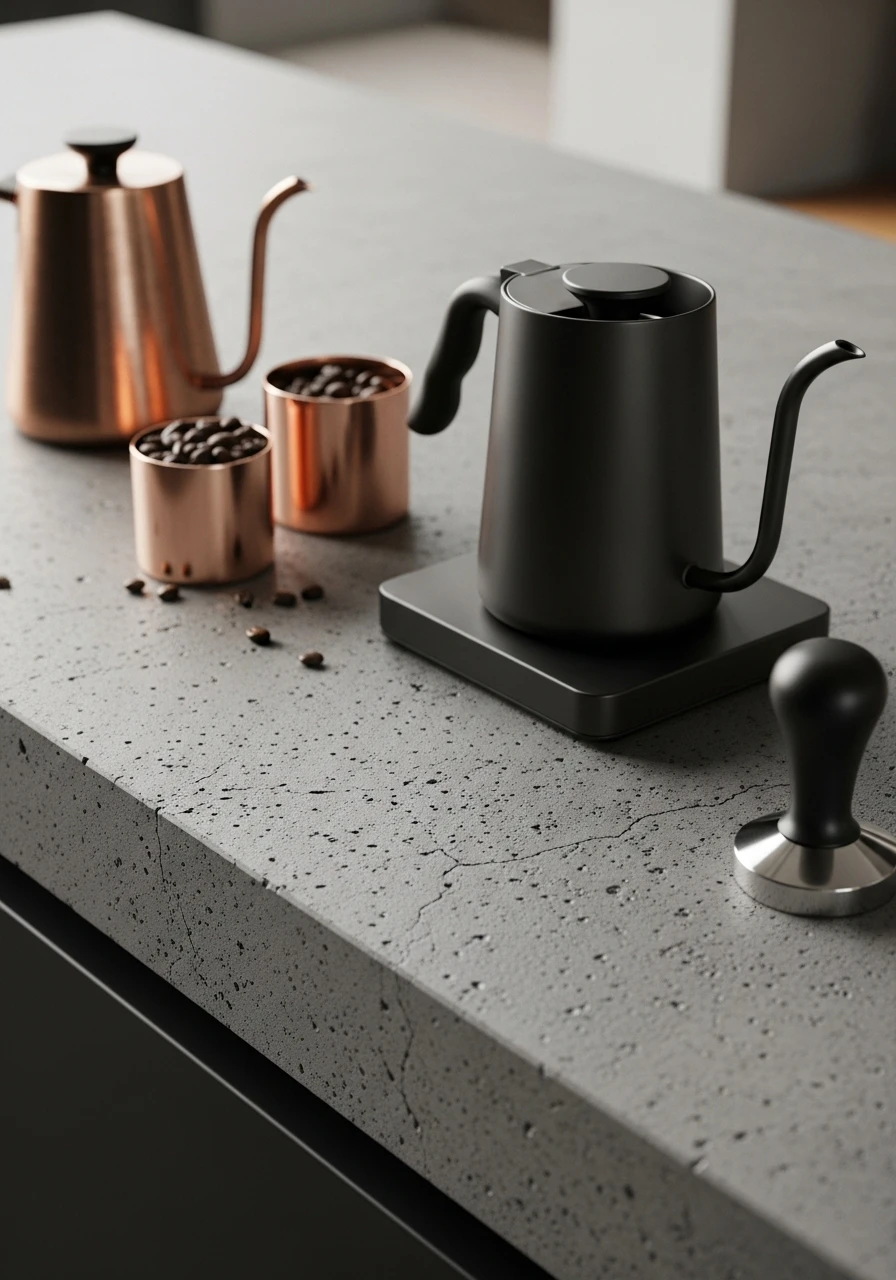 Industrial concrete countertop coffee bar with matte black maker and copper accents