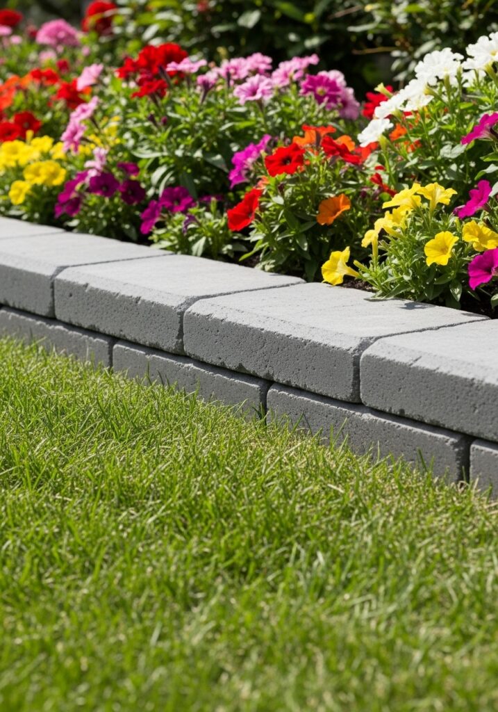 Gray concrete pavers creating clean border along flower bed edge