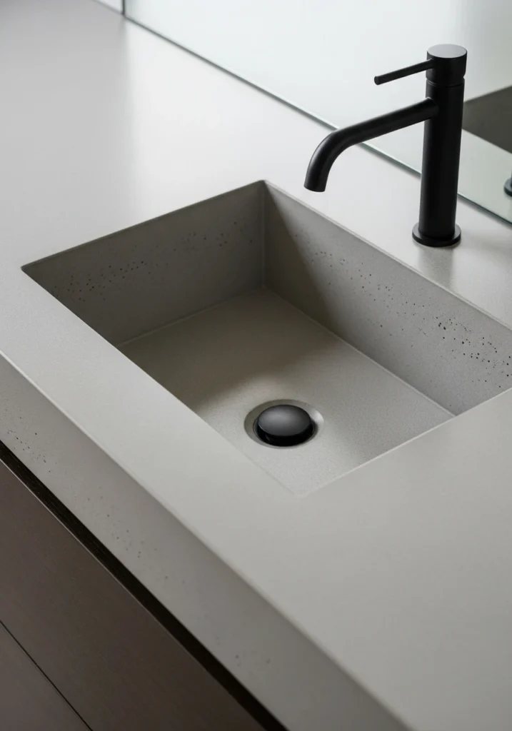Poured concrete bathroom vanity with integrated sink and matte black fixtures