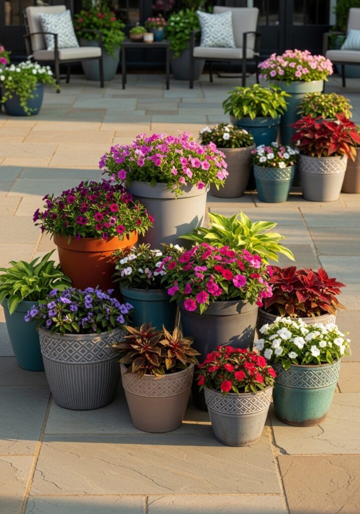 Container garden design with grouped pots in varying heights on patio