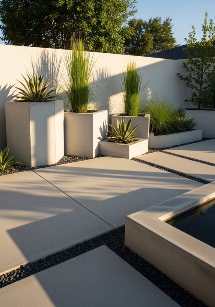 Contemporary garden design with geometric concrete planters and architectural plants

