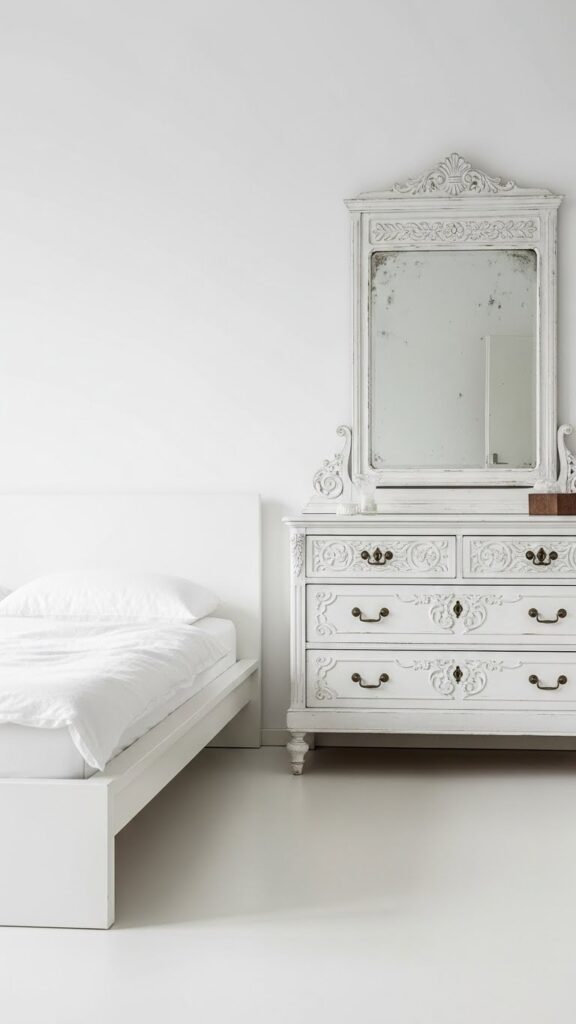 Contemporary white platform bed paired with vintage carved dresser showing successful old-meets-new style