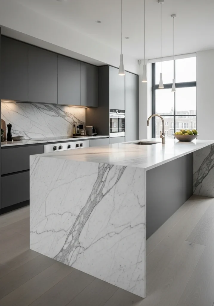 Kitchen with continuous marble countertop flowing seamlessly from perimeter to island