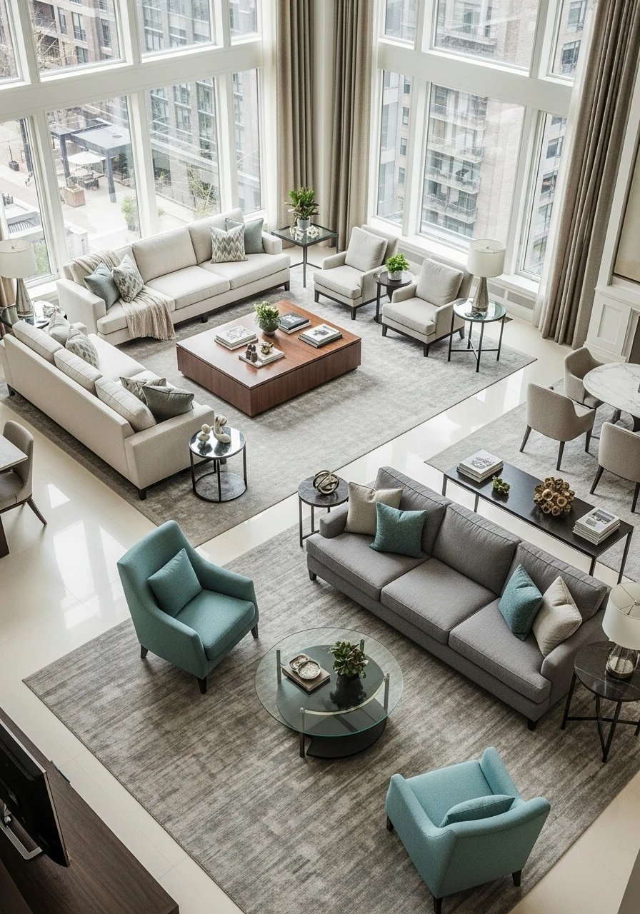 Living room with multiple conversation areas and seating zones
