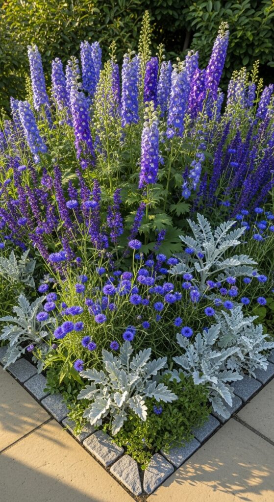 Blue delphiniums, salvia, and cornflowers in garden bed with silver foliage creating cool-toned design