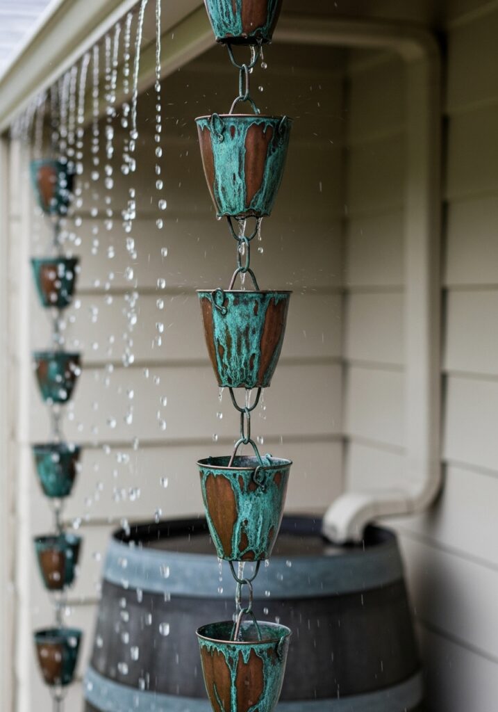Decorative copper rain chain with cascading cups creating water feature from roof gutter to rain barrel