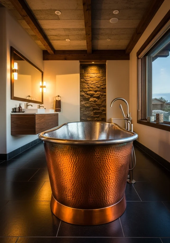 Hammered copper freestanding tub with natural patina finish
