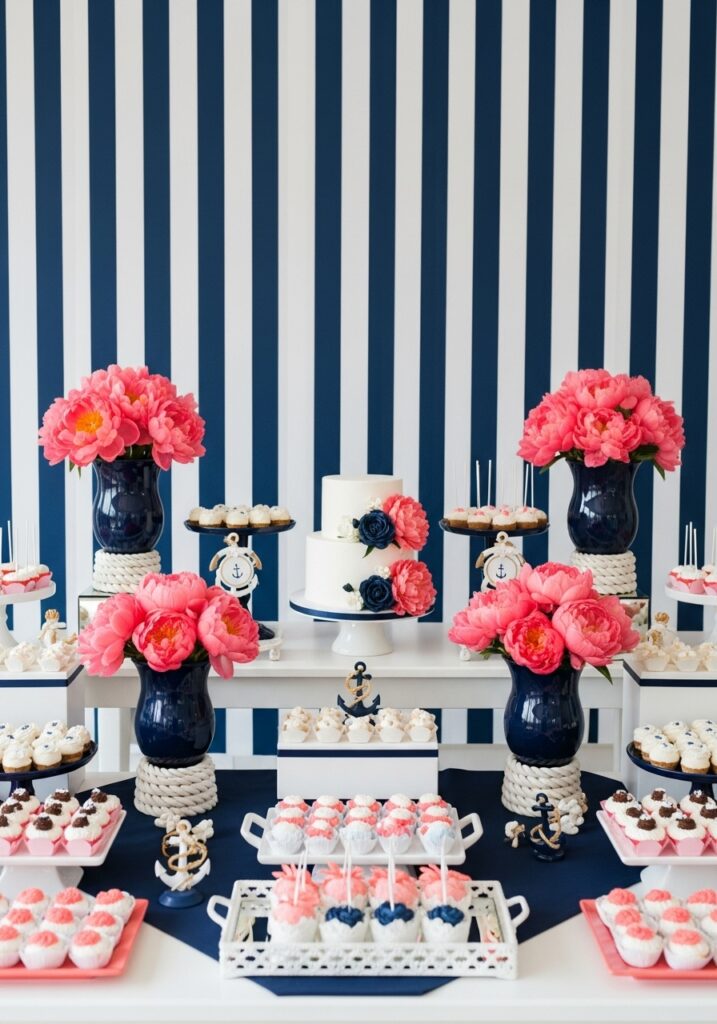Coral and navy nautical baby shower dessert table with coastal decorations