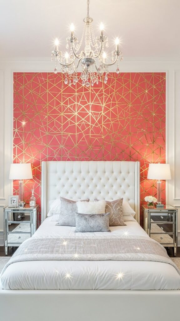 Coral pink and gold metallic geometric wallpaper accent wall in glamorous bedroom