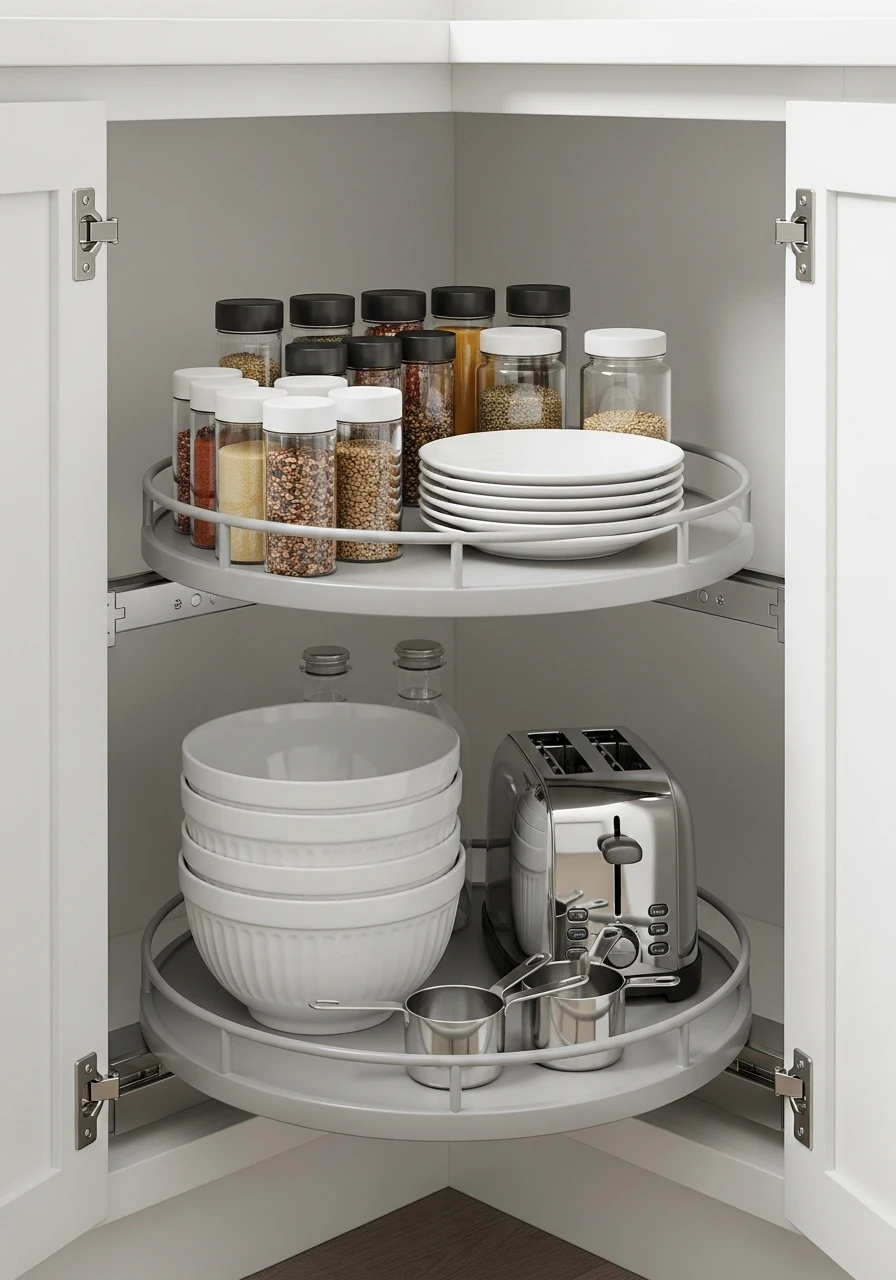 Kitchen corner cabinet with lazy Susan mechanism showing organized storage