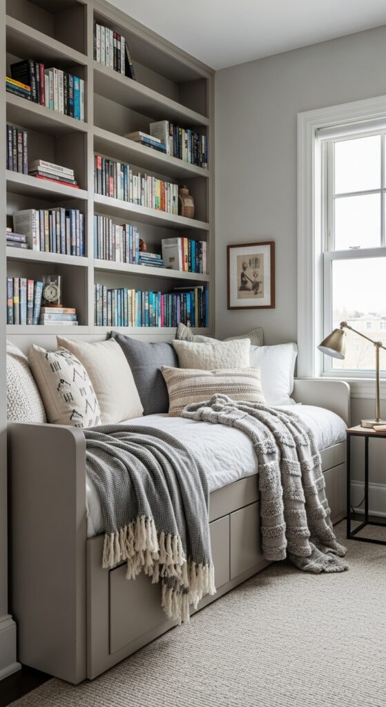 Corner daybed reading nook with built-in bookshelves and multiple throw pillows