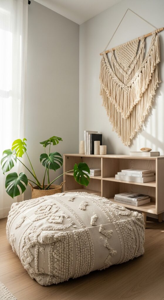 Minimalist bohemian reading corner with large floor cushion, low bookshelf, and plants