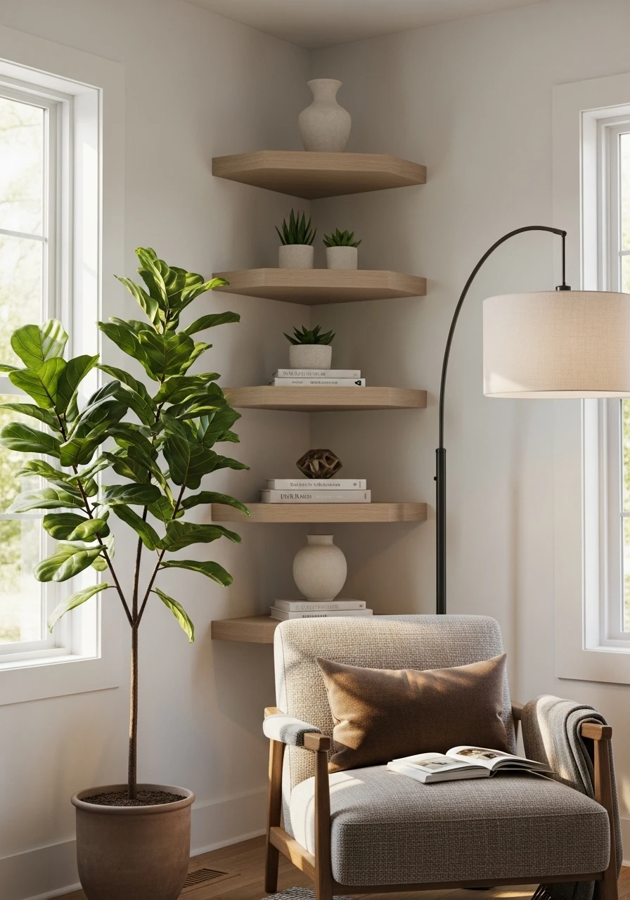 Corner space maximized with shelving and plant in living room