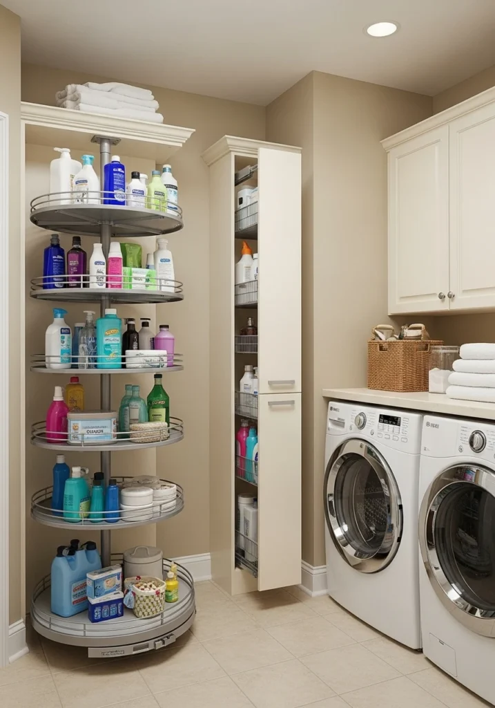 Corner carousel and narrow pull-out storage in organized laundry room