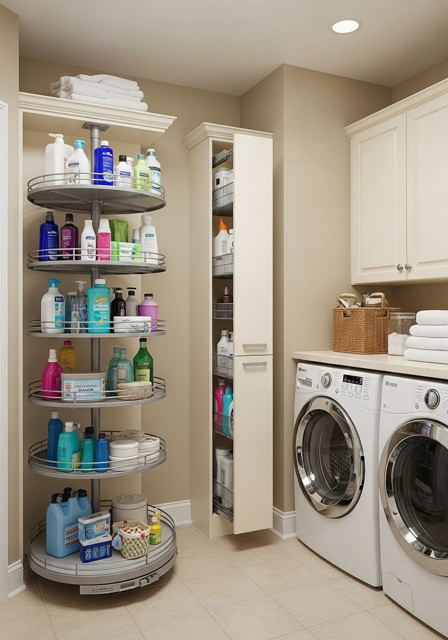 Corner carousel and narrow pull-out storage in organized laundry room