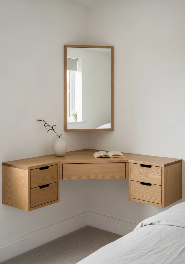 Corner vanity design utilizing awkward bedroom corner space efficiently