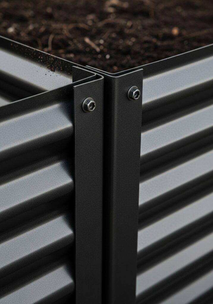 Close-up detail of corrugated metal raised bed corner construction