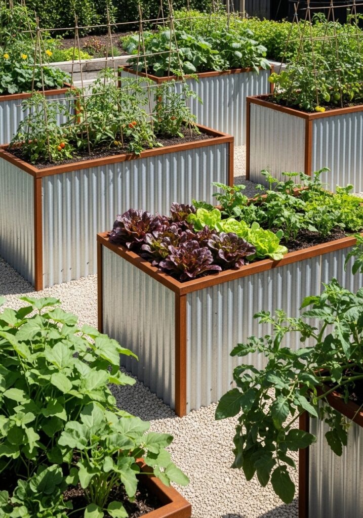 Galvanized corrugated metal panels creating modern raised garden bed borders