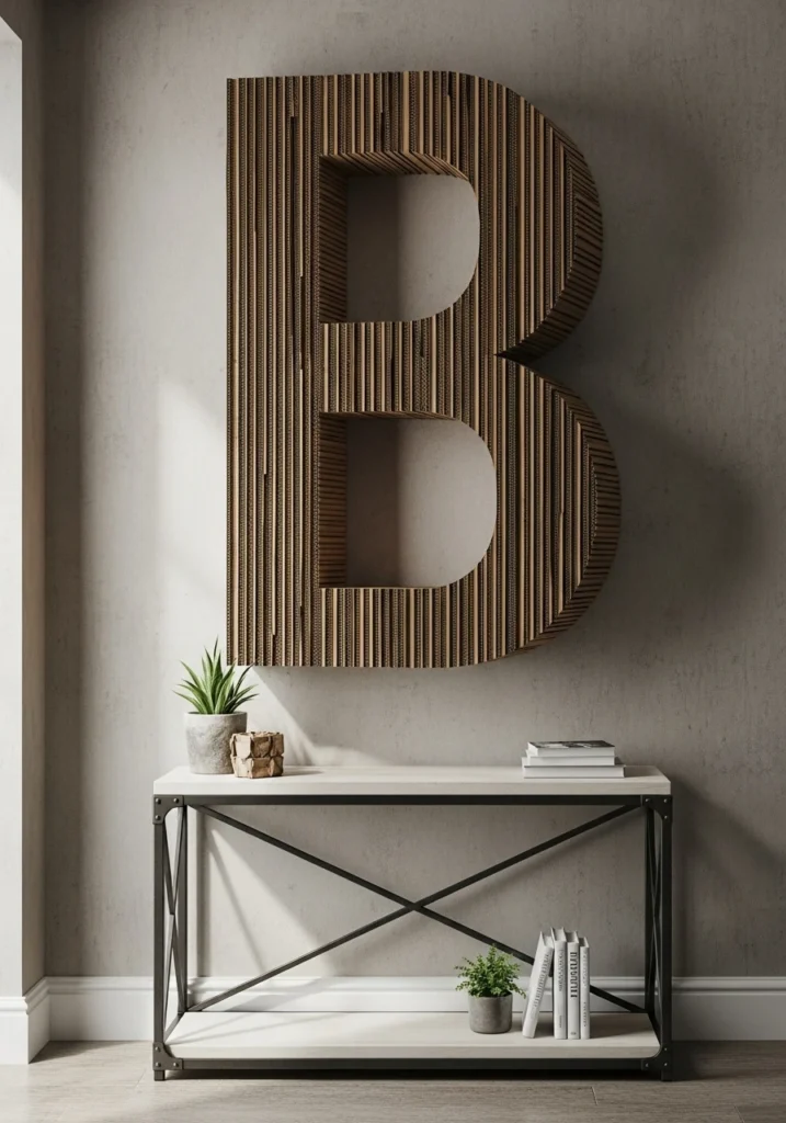 Large letter covered in corrugated cardboard strips on entryway wall