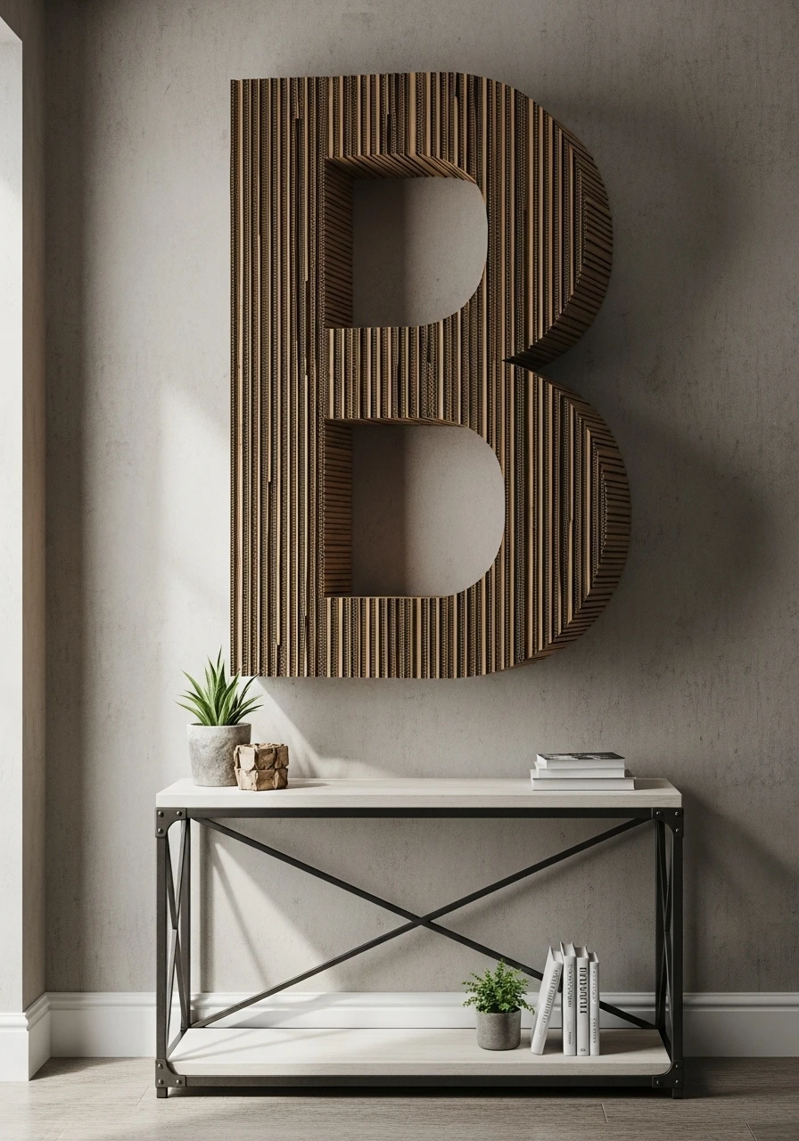 Large letter covered in corrugated cardboard strips on entryway wall