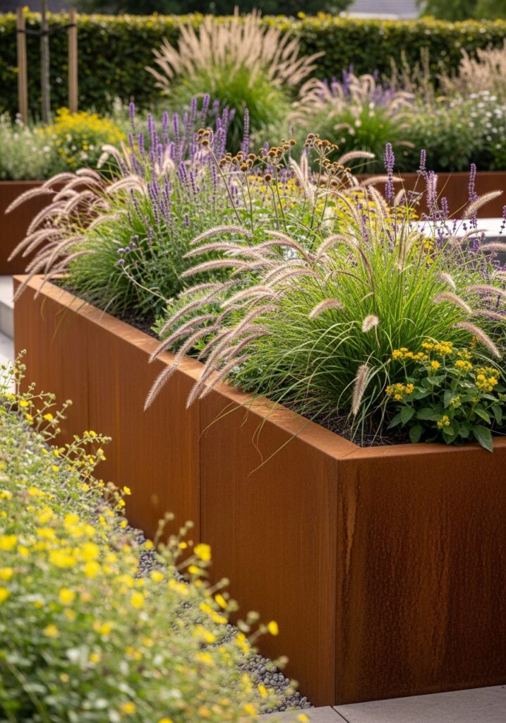 Weathered corten steel panels with rust patina creating modern garden border