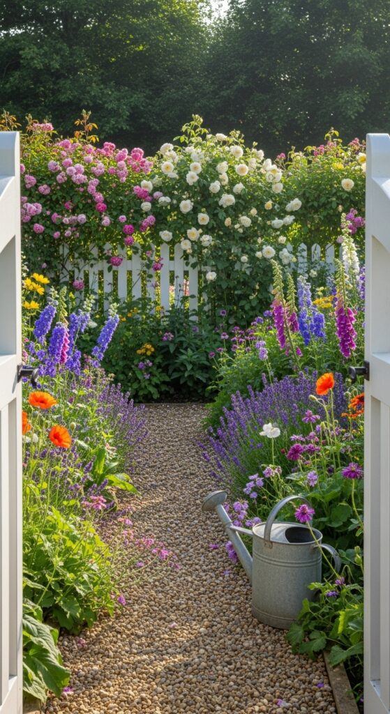 Charming cottage garden backyard with mixed flowers, white picket fence, and gravel paths