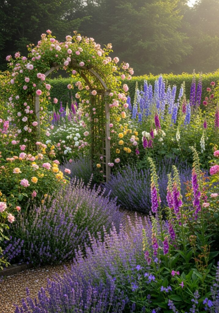 Abundant cottage garden with densely planted mixed borders and climbing roses