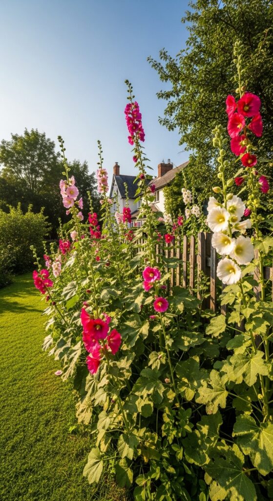Tall hollyhocks with pink, red, and white flowers stacked up stems against fence in cottage garden
