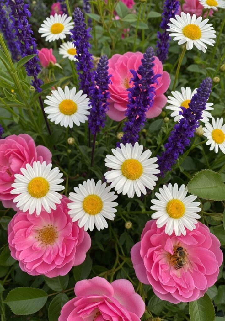 Close-up of cottage garden plant combinations with roses, salvia, and daisies